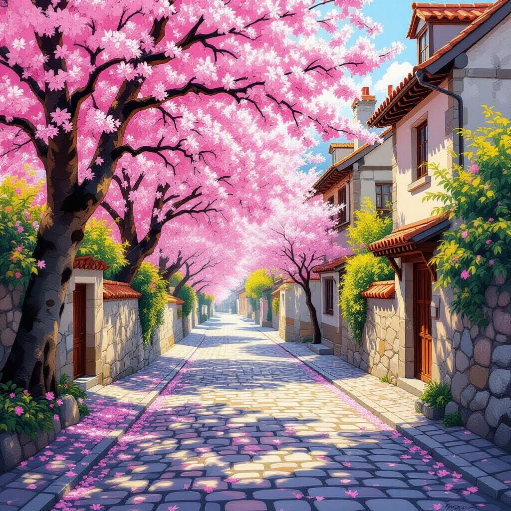 Vibrant Autumn Cherry Blossoms on Cobblestone Street