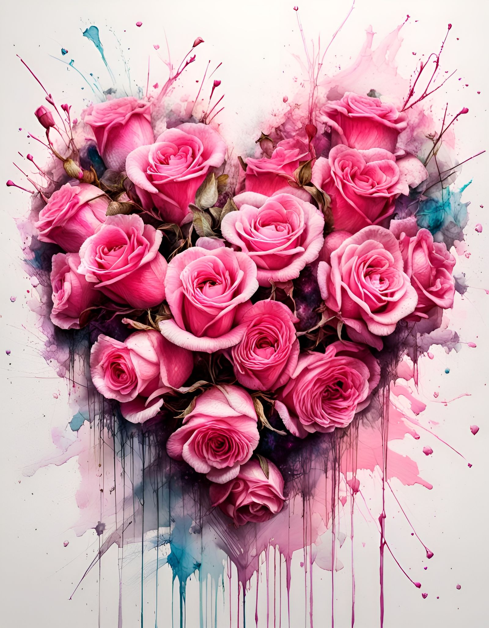 Heart-Shaped Pink Rose Bouquet in Graffiti Art Style