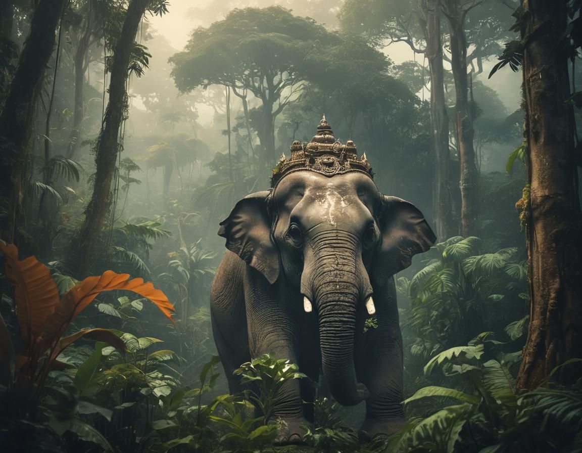 Elephant God Figure in Rainforest Temple