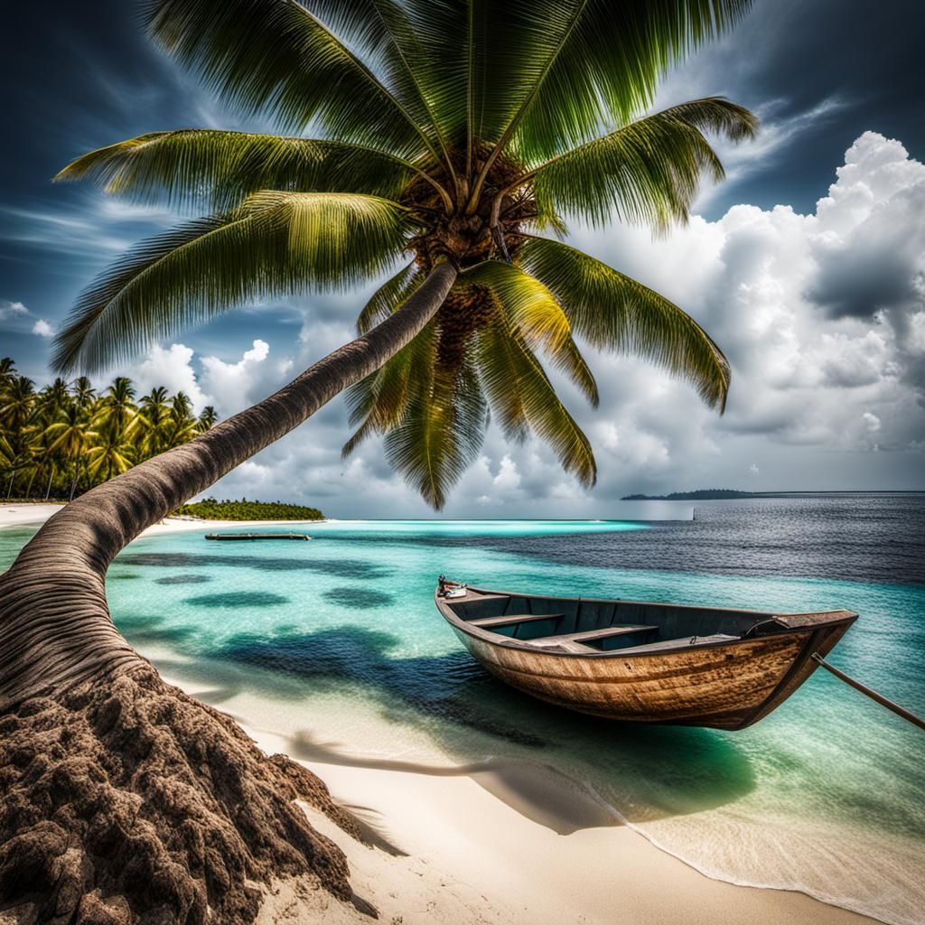 Maldives Coast with Palm Tree, Waves and Boat