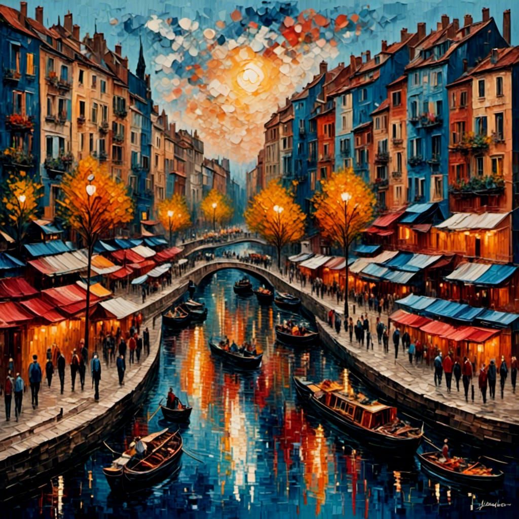 Vibrant City Canal Scene at Sunset in Impressionist Style