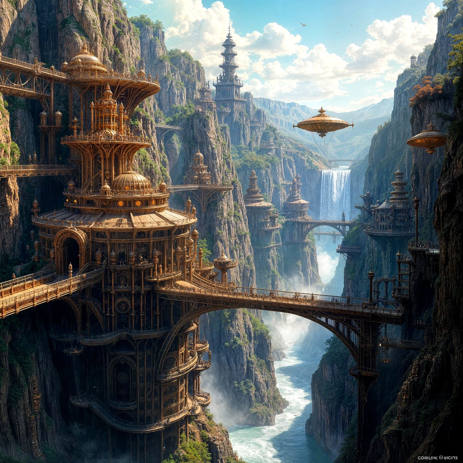 Steampunk City in Canyon with Clockwork Mechanisms