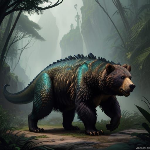 Fantasy T-Rex Bear Hybrid in Prehistoric Jungle