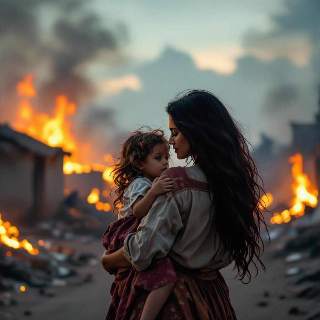 Mother Flees Burning Village with Child, Dark Cinematic Real...