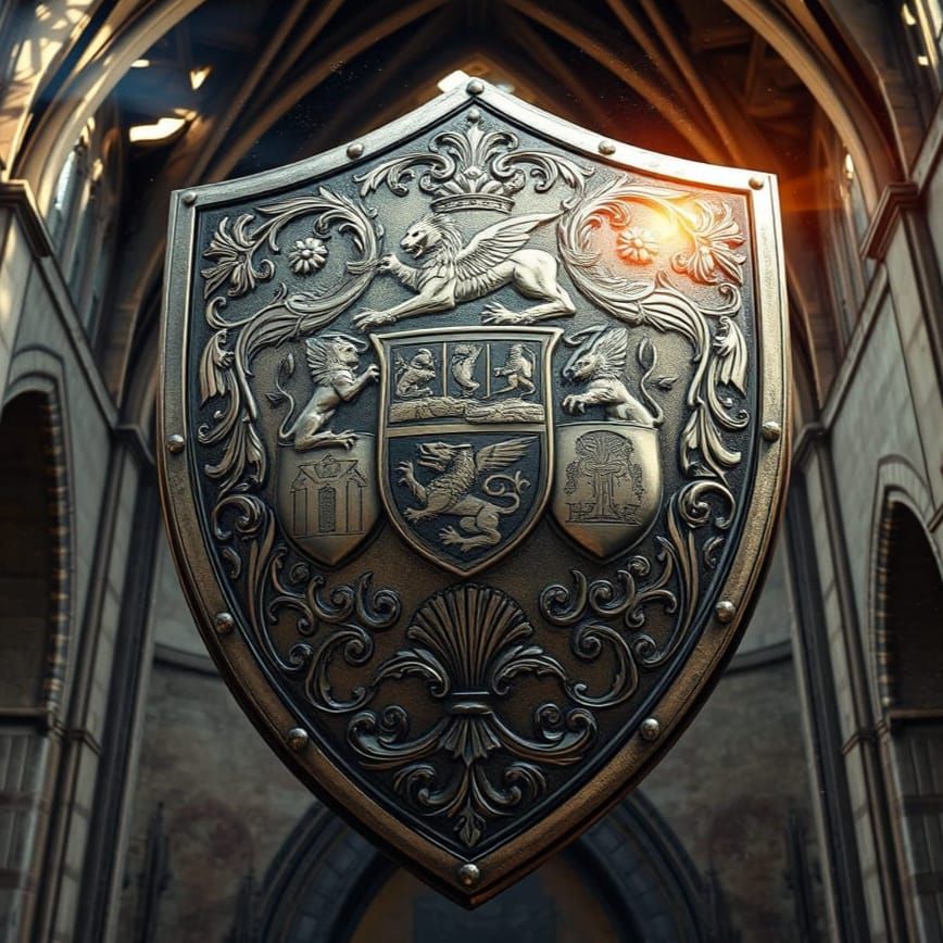 Medieval Knight's Shield in Ancient Cathedral Ruins