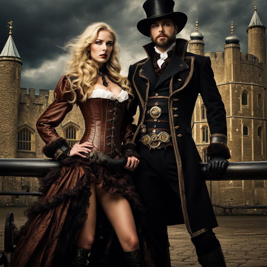 Steampunk Figures near Tower of London in Sinister Style