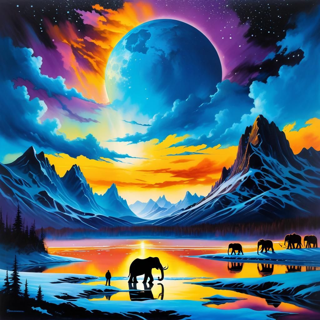 Mammoth Migration in a Moody Winter Landscape