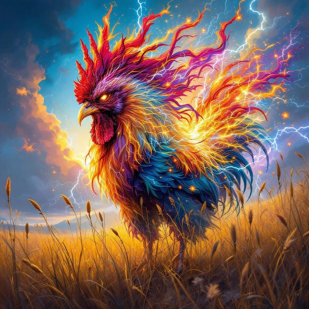 Electric Rooster in Stormy Meadow, Fantasy Realism