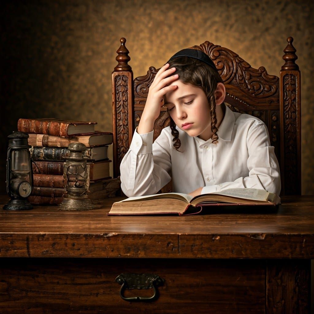 Boy Contemplating Hebrew Texts in Antique Setting
