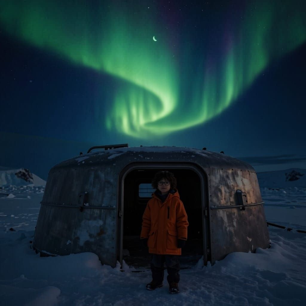 Boy Watches Pink and Green Auroras Over Antarctic Base