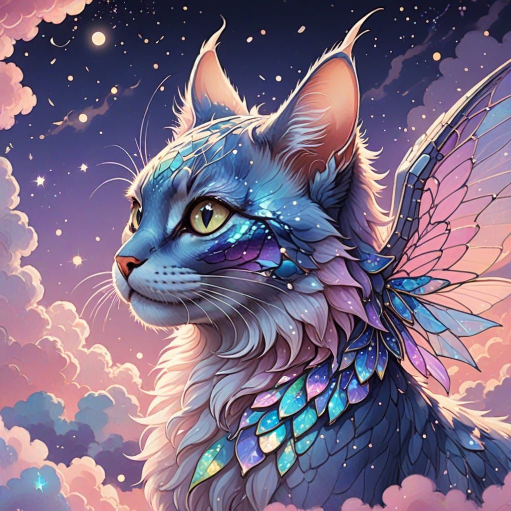 Cat-Dragon Hybrid on Pastel Clouds: Ghibli-Inspired Art
