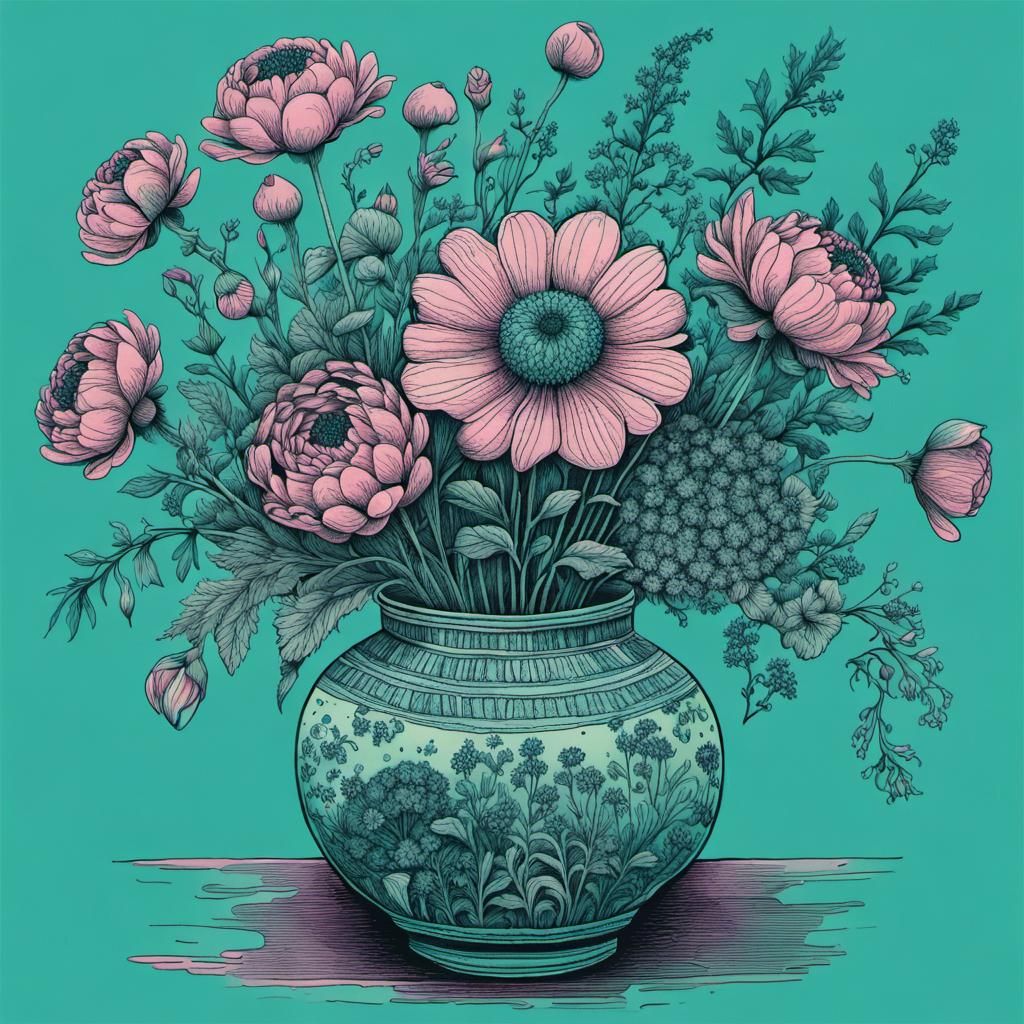 Botanical Ink Drawing of Flower Bouquet in Vase