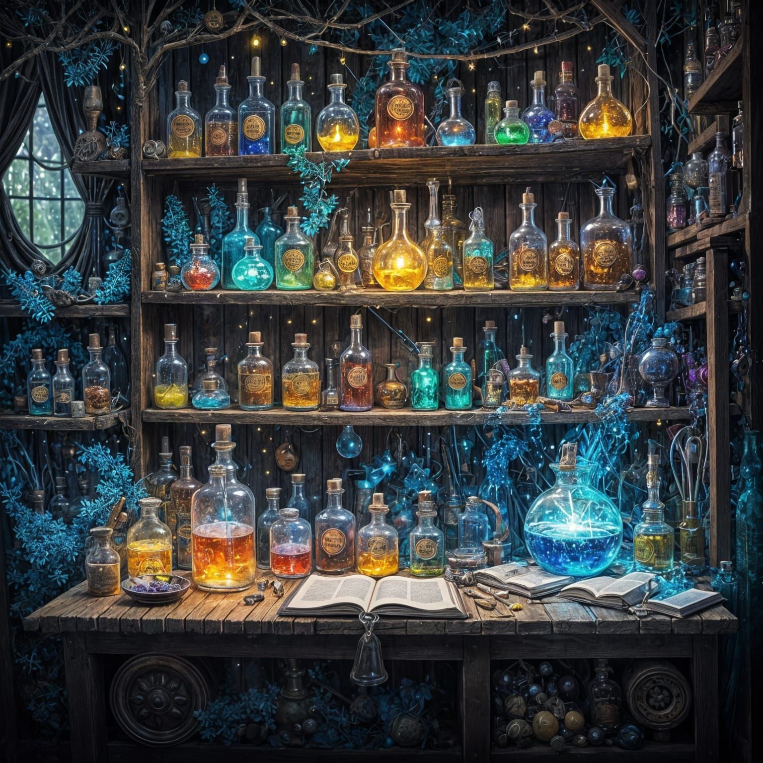 Wizard's Workbench with Sparkling Potions
