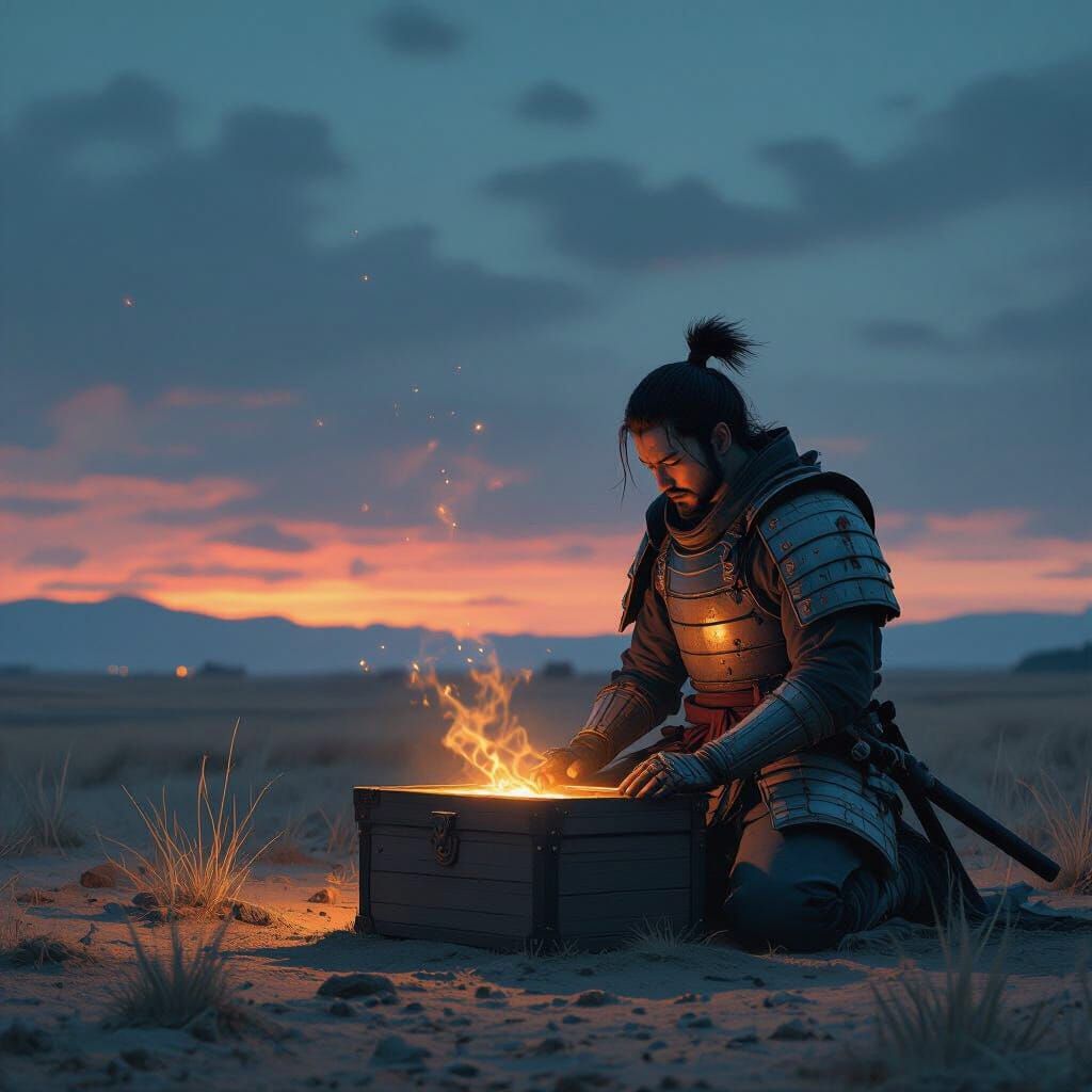 Samurai's Twilight: Worn Warrior and Glowing Chest