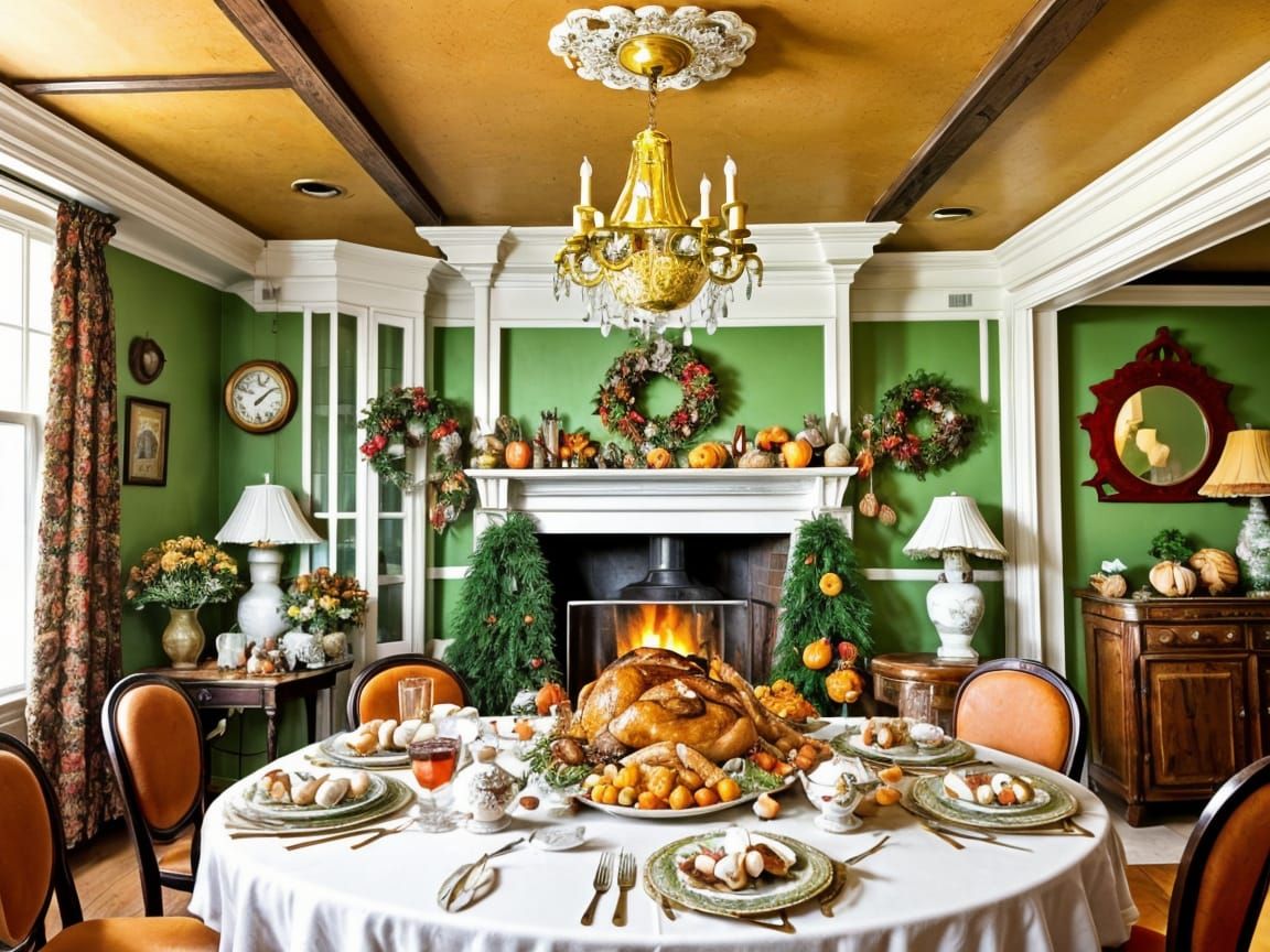 Kitschy Thanksgiving Turkey Grandparents in Maximalist Room