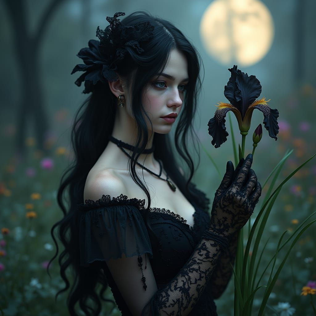 Gothic Girl in Moonlit Garden with Black Iris