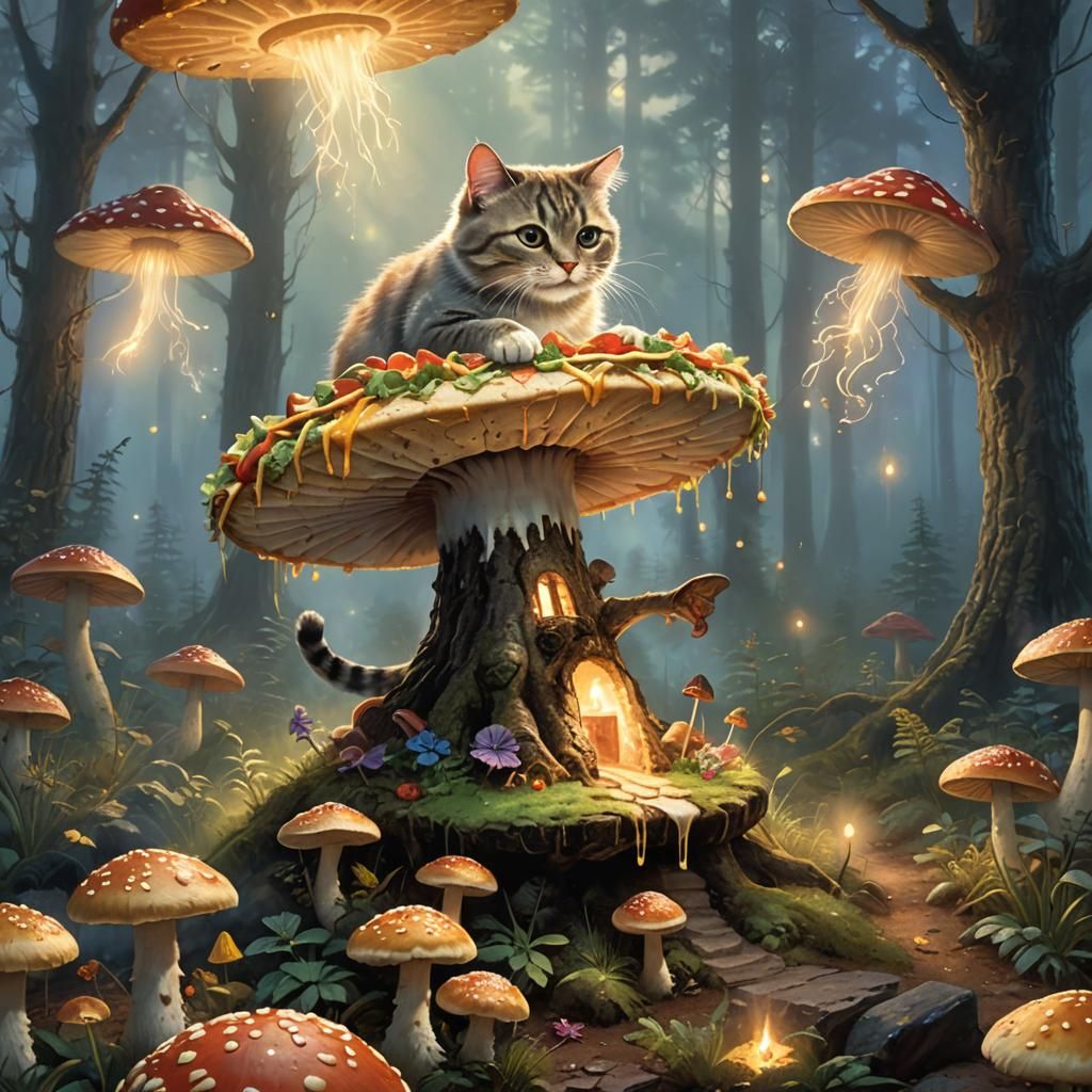 Cat Enjoying Taco in Misty Forest, Magic Realism