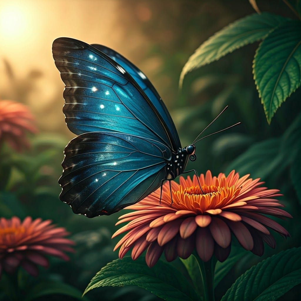 Bioluminescent Blue Morpho Butterfly in Hyper-Detailed Garde...