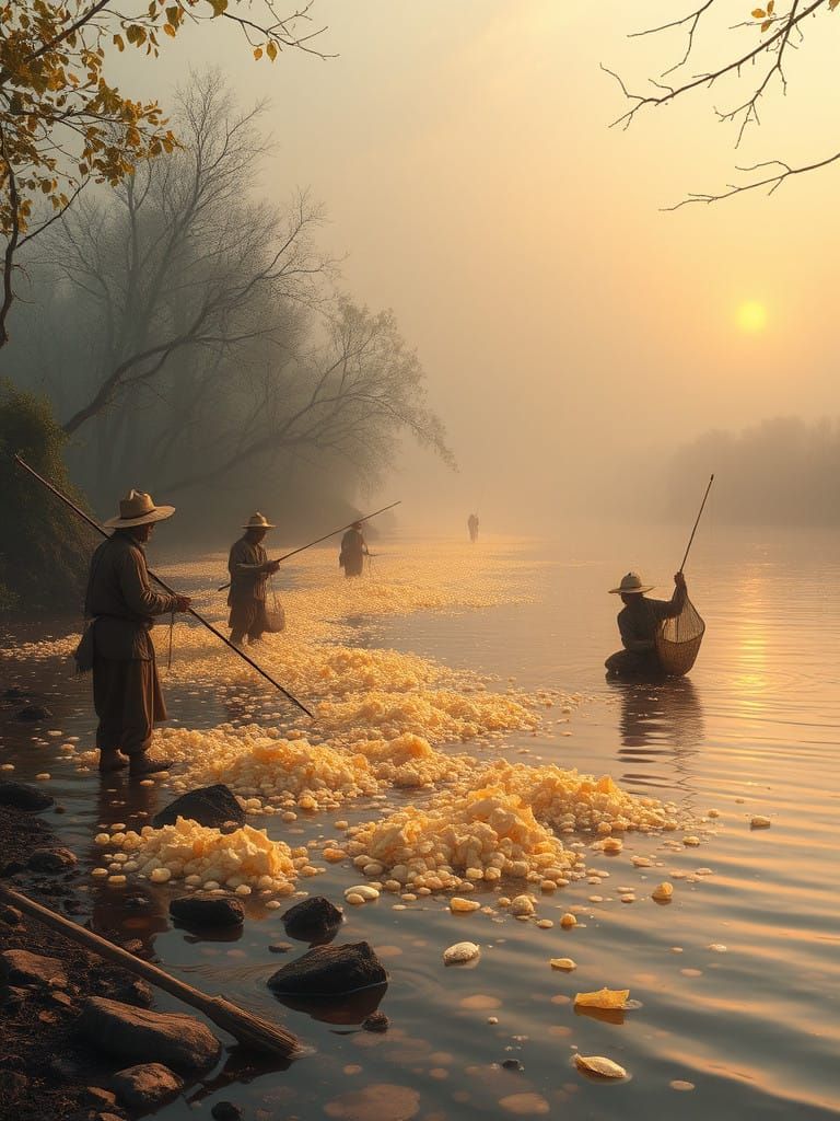 Fishermen Receiving Manna at Sunset in a Serene Landscape