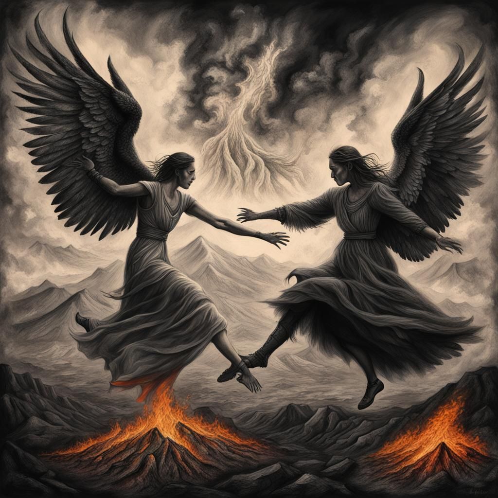 Angelic Devil Tango on Volcano: Charcoal Drawing