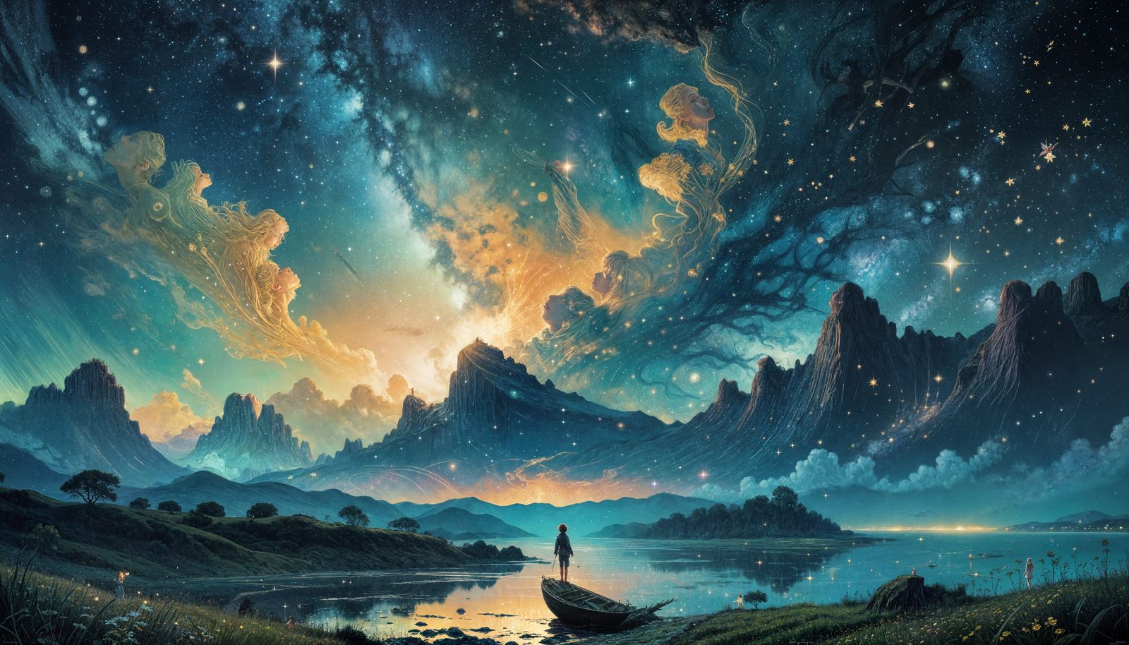 Fairy Gazing at Starry Sky in Pastel Neon