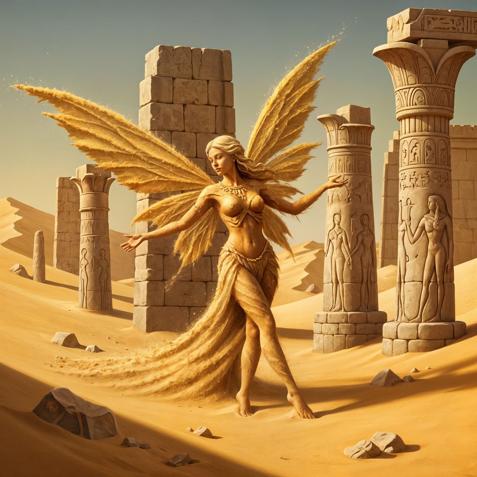 Sand Fairy Dancing in Desert Ruins, Miniature Painting Style