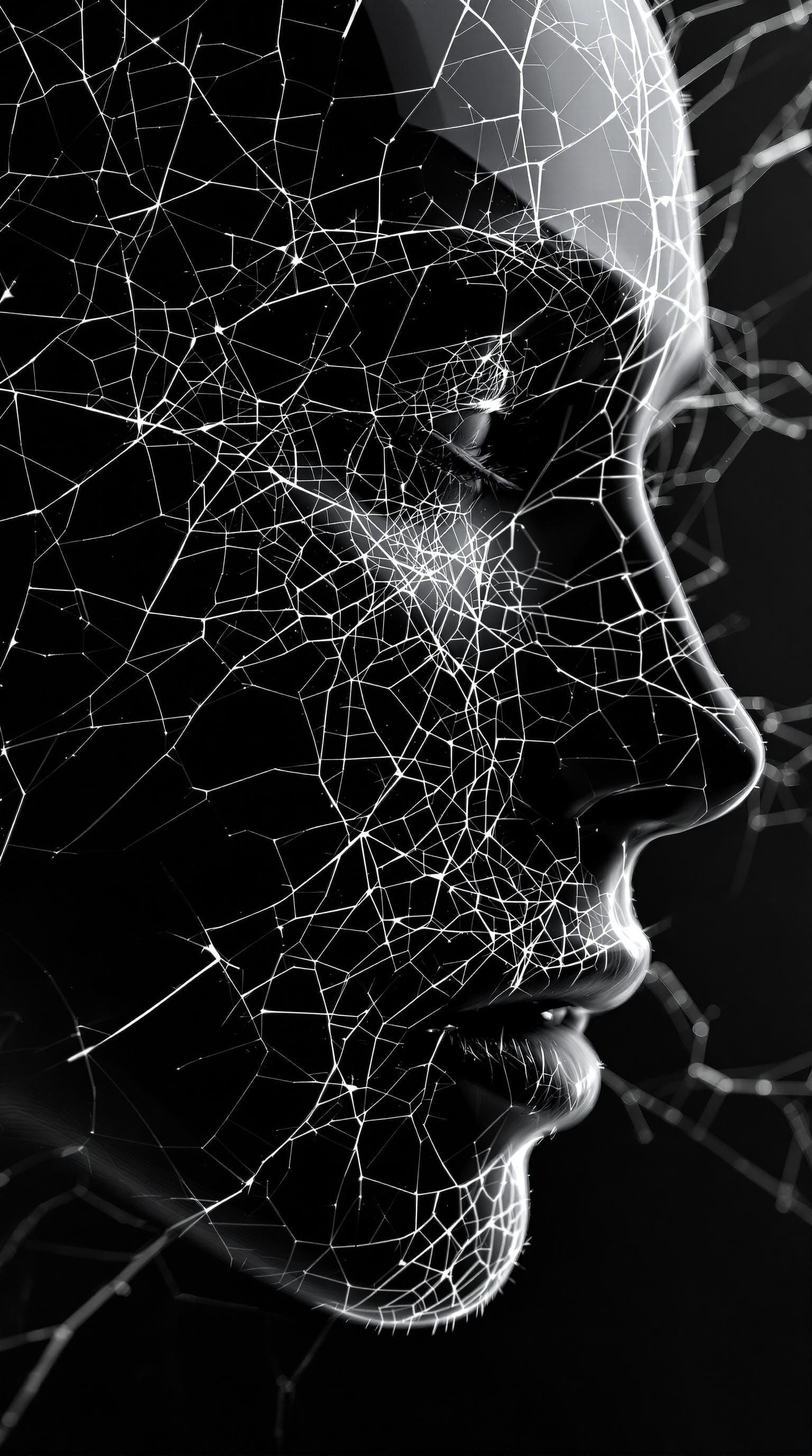 Monochrome Portrait of Survivor with Cracked Glass Skin
