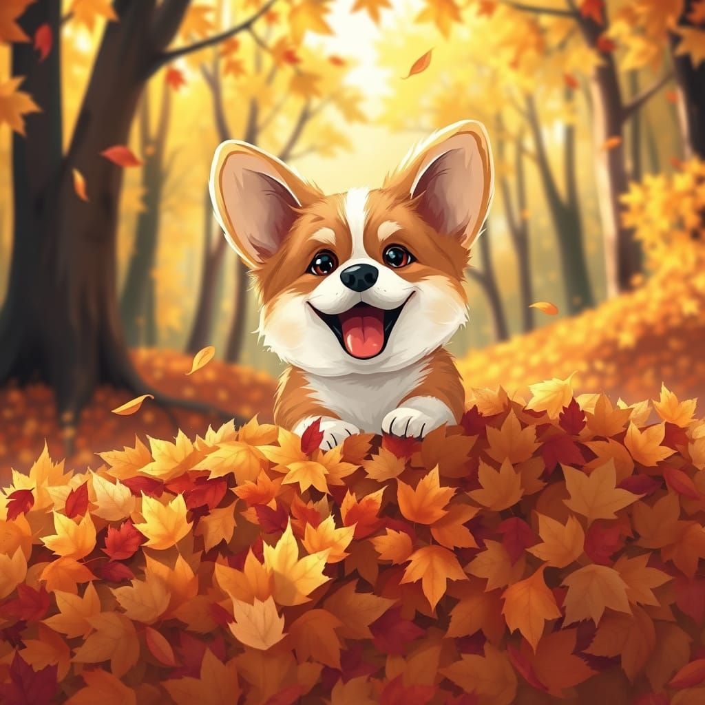 Fluffy Corgi Puppy Dives into Autumn Leaves