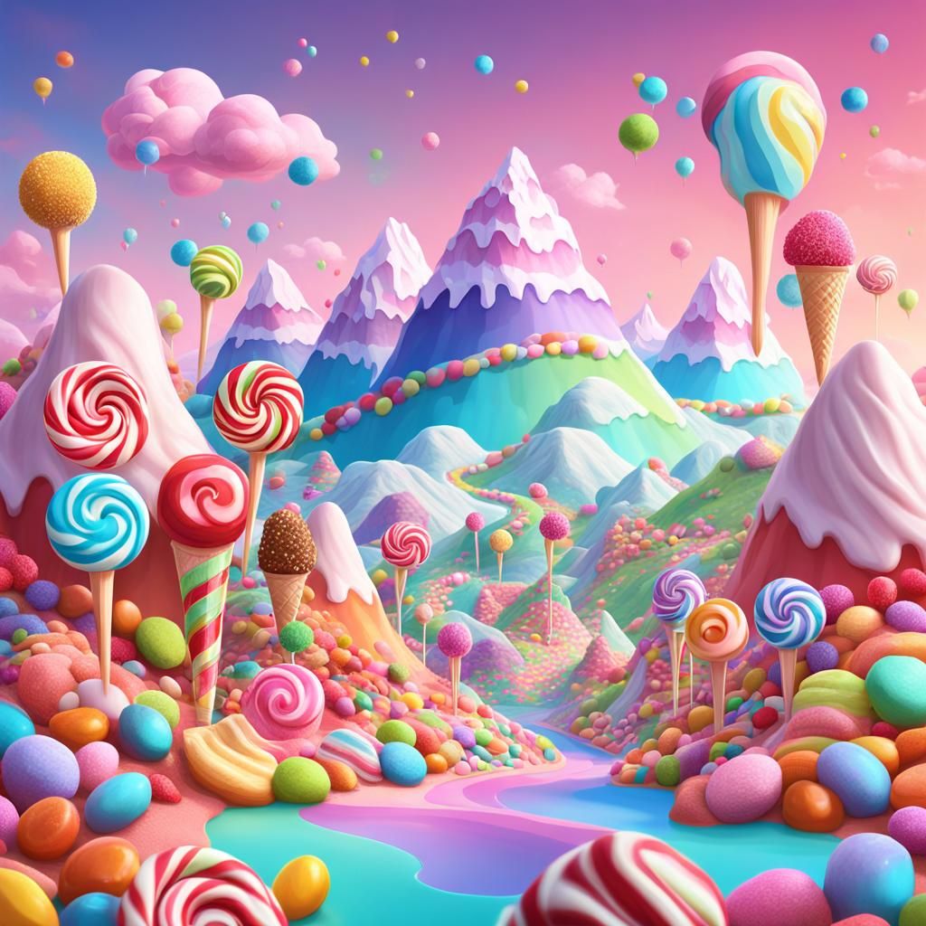Hyperrealistic Candy World with Ice Cream Mountains
