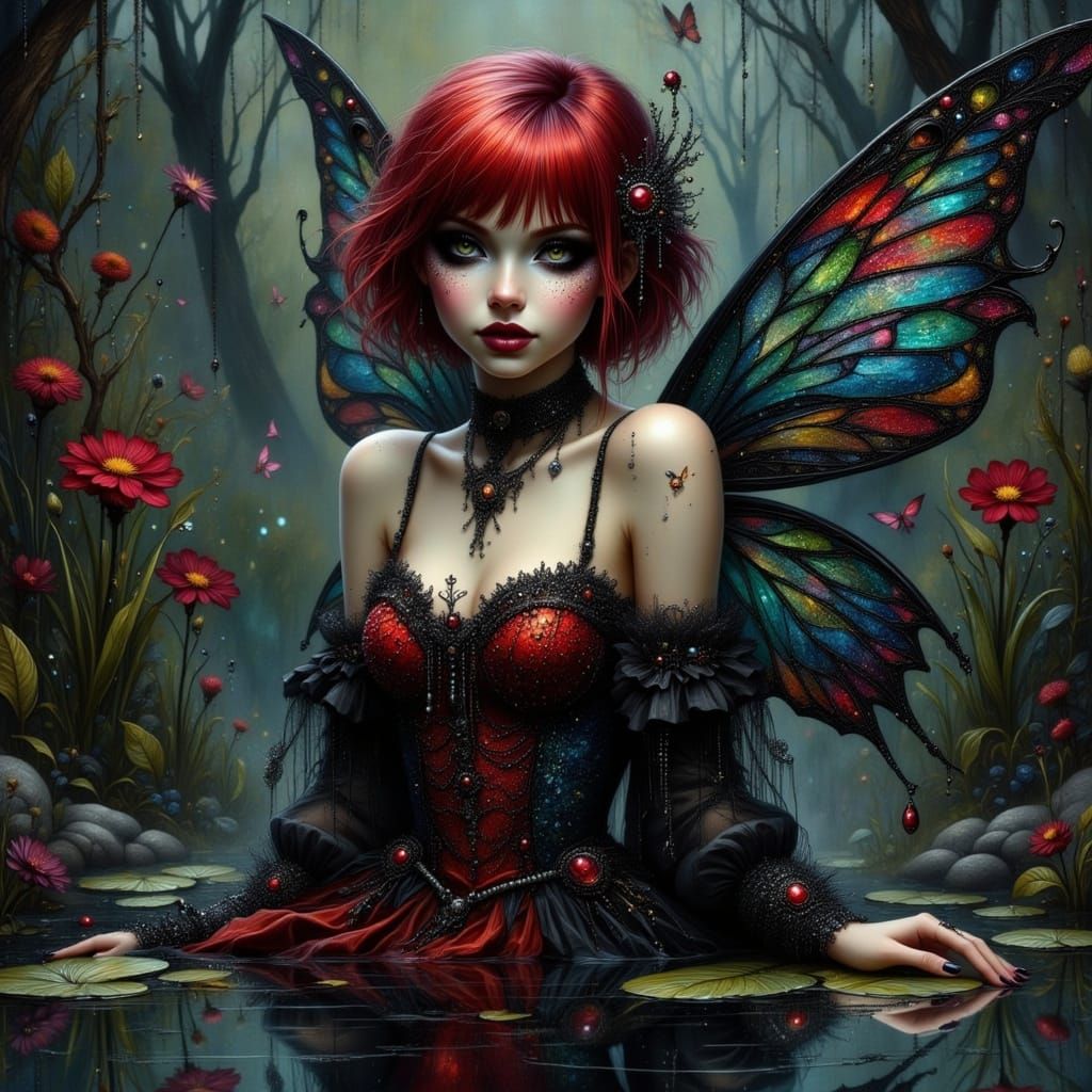 Gothic Fairy in Reflective Pond, Dark Fantasy Digital Art