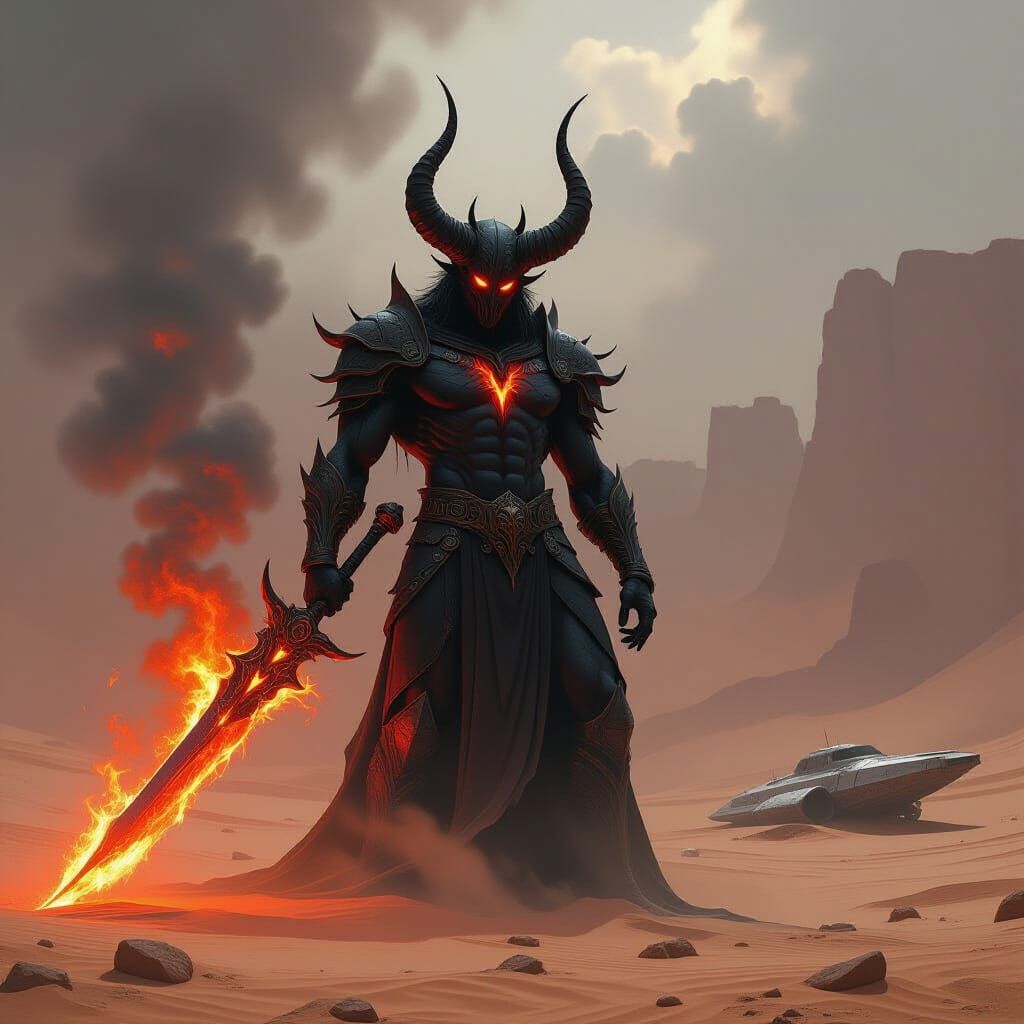 Obsidian Devil Wielding Fiery Sword on Desert Mesa