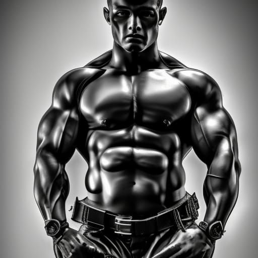 Hyperrealistic Muscular Man in Rubber Latex Outfit