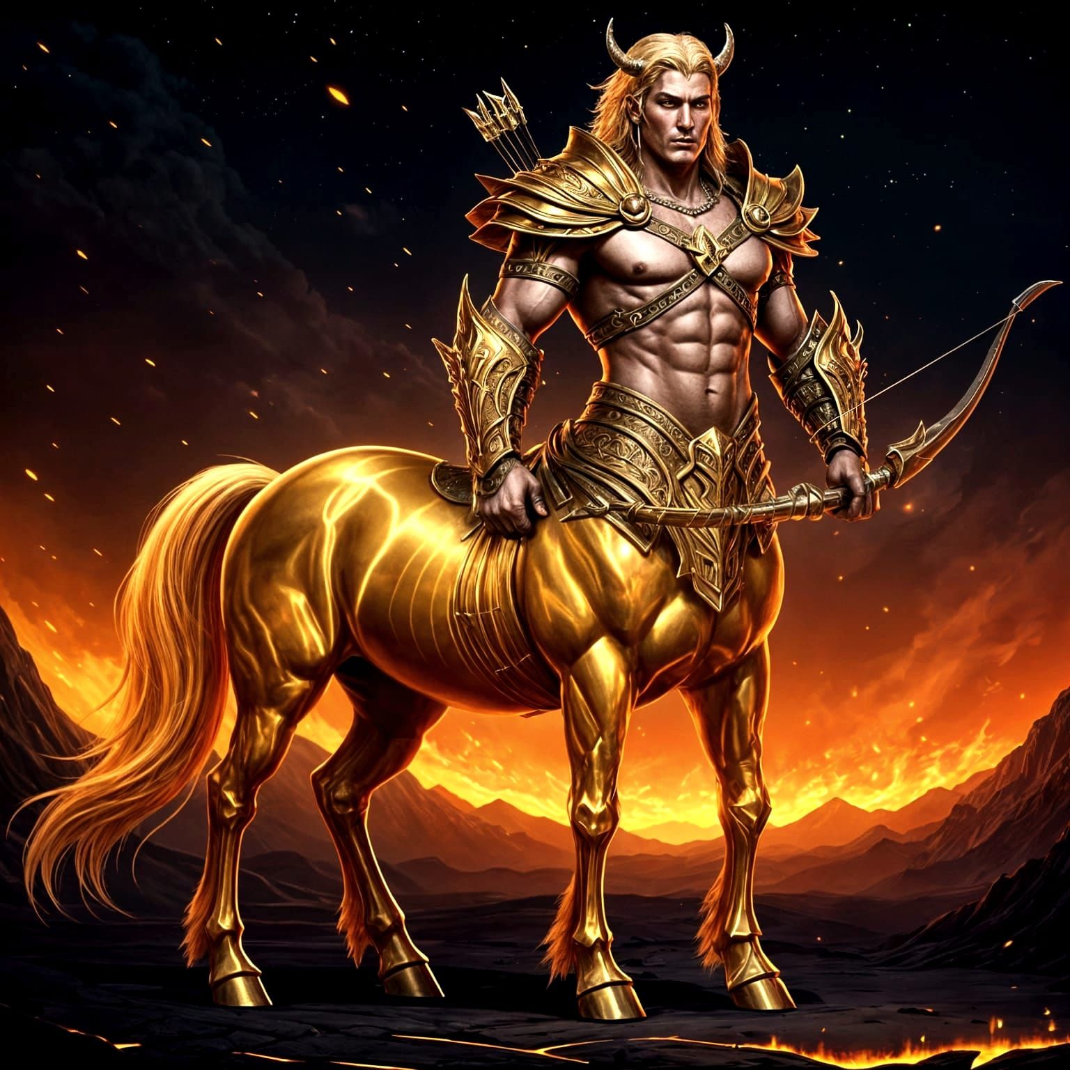 Sparkling Armored Centaur Archer in Fiery Landscape