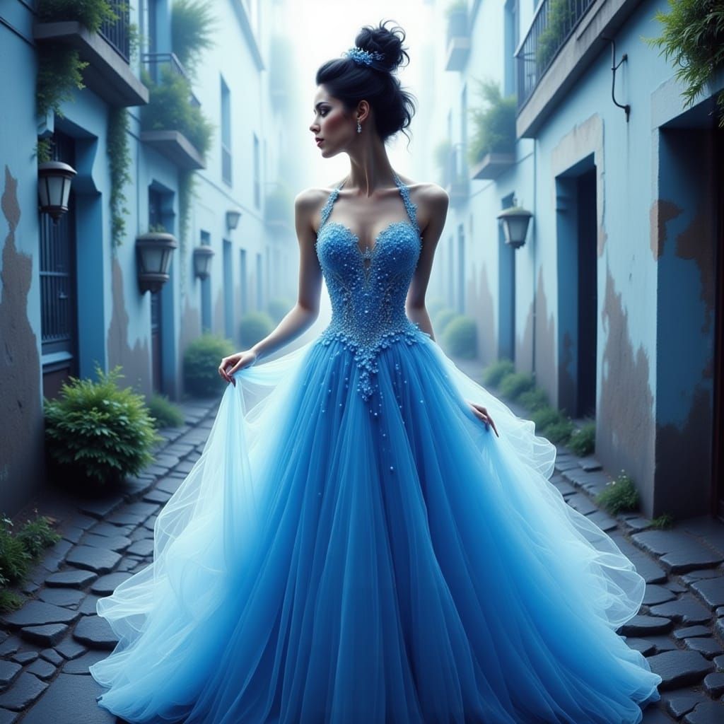 Elegant Blue Gown in Flowing Fabric