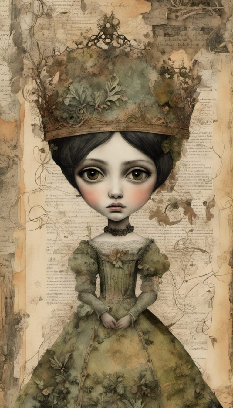 Gothic Moss Princess with Basketball: Mixed Media Collage