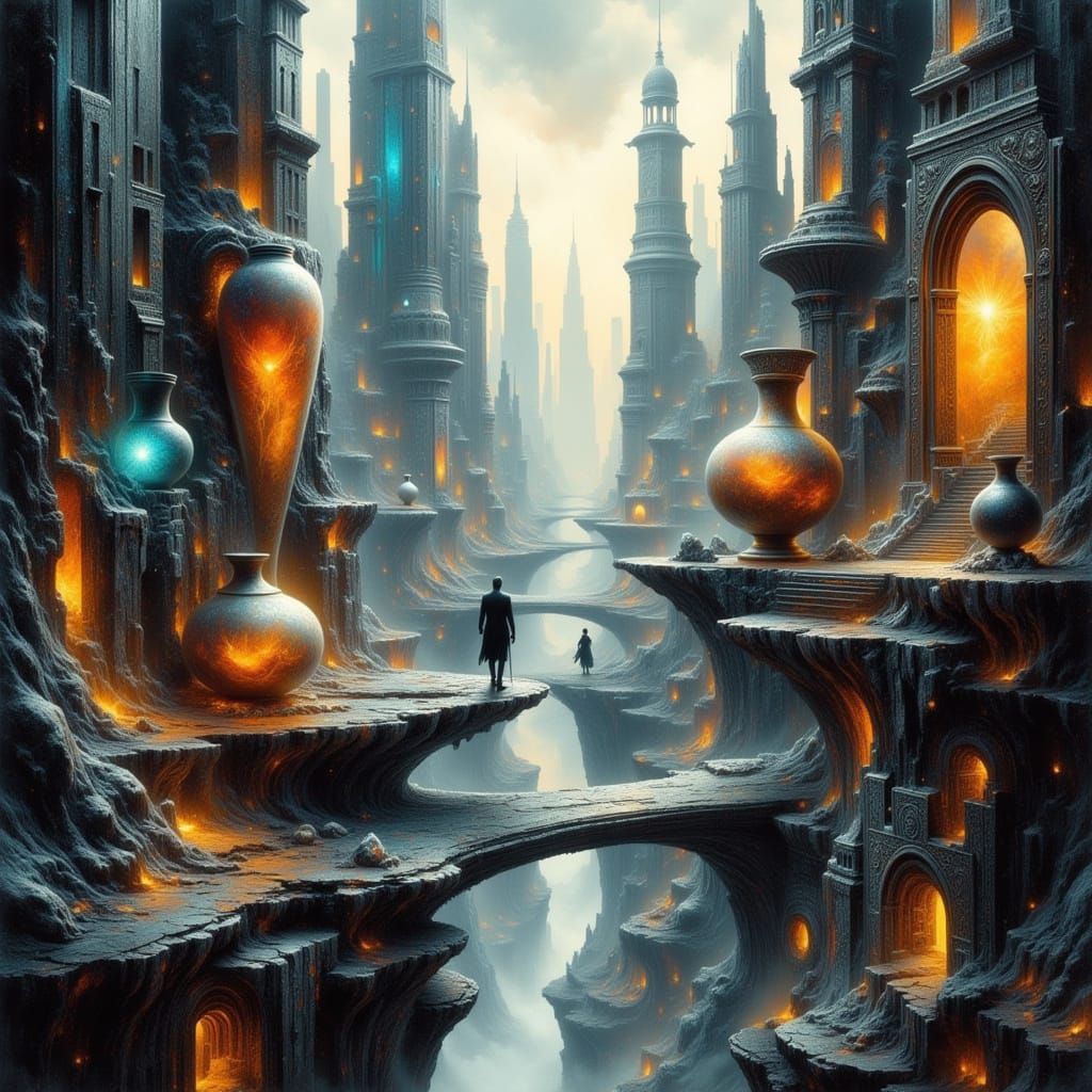 Surreal Cityscape with Floating Vases in Glitch Photography