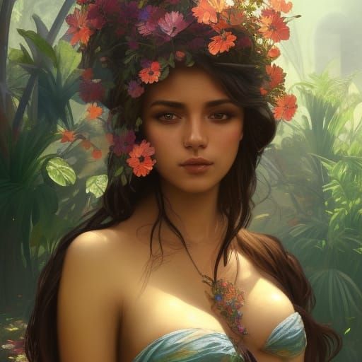 Exotic Woman Sophia in Spanish Garden, Hyperdetailed Art