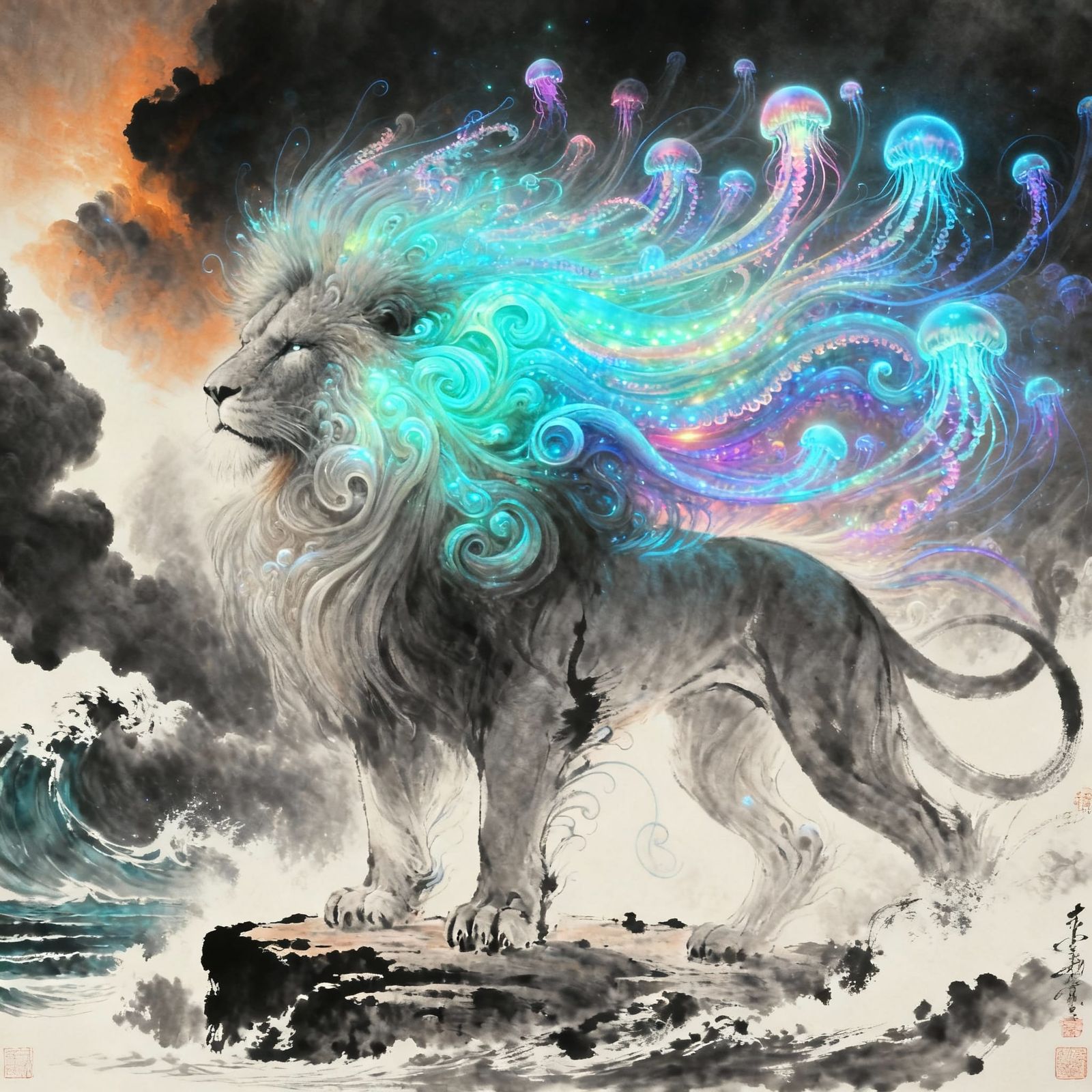 Bioluminescent Jellyfish Mane Lion on Stormy Sea