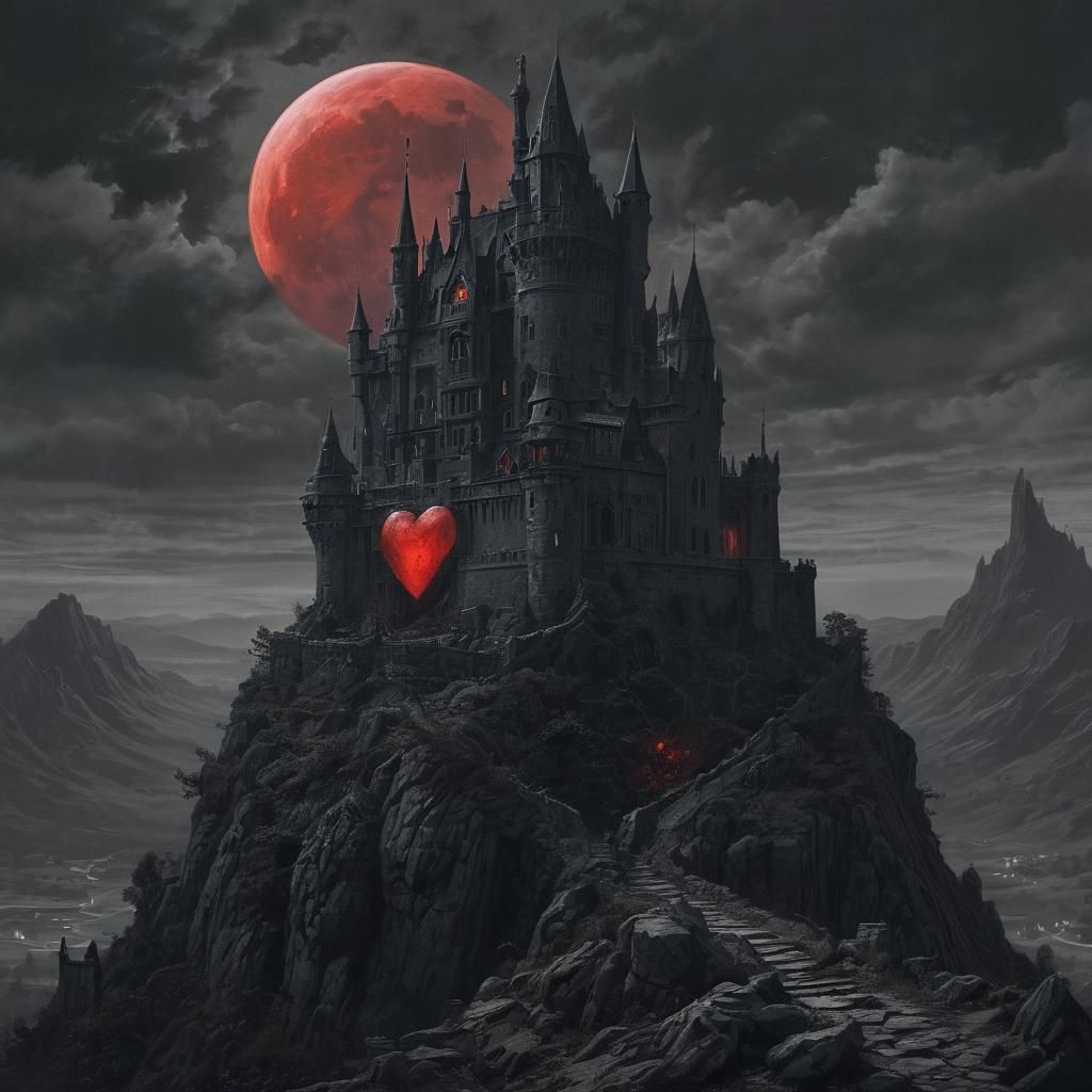 Heart-Shaped Castle in Highlands with Red Moon Glow