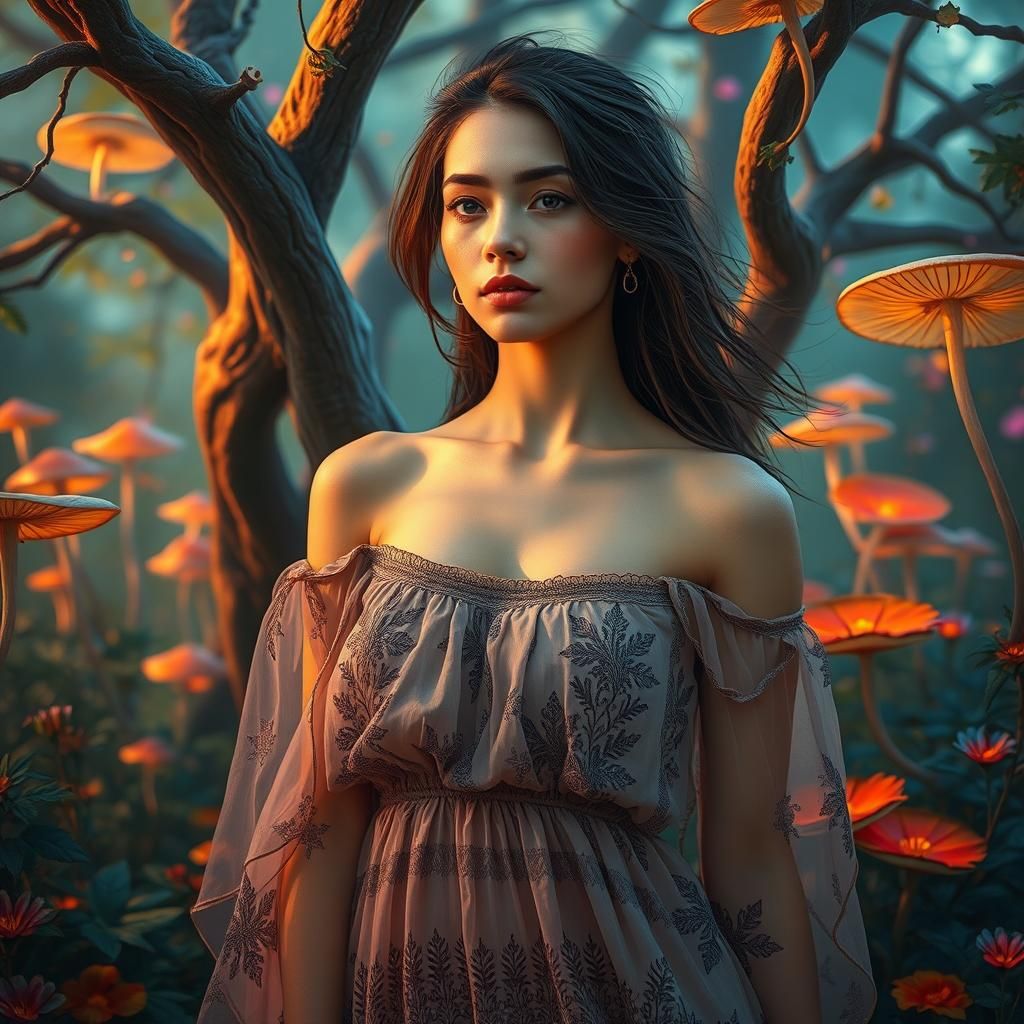 Woman in Sundress in a Mystical Forest