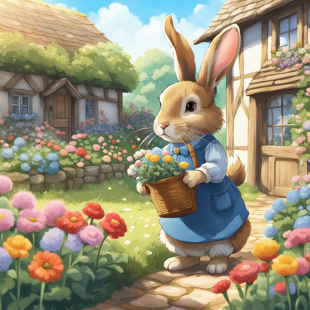 Charming Rabbit Watering Flowers in Cottage Garden