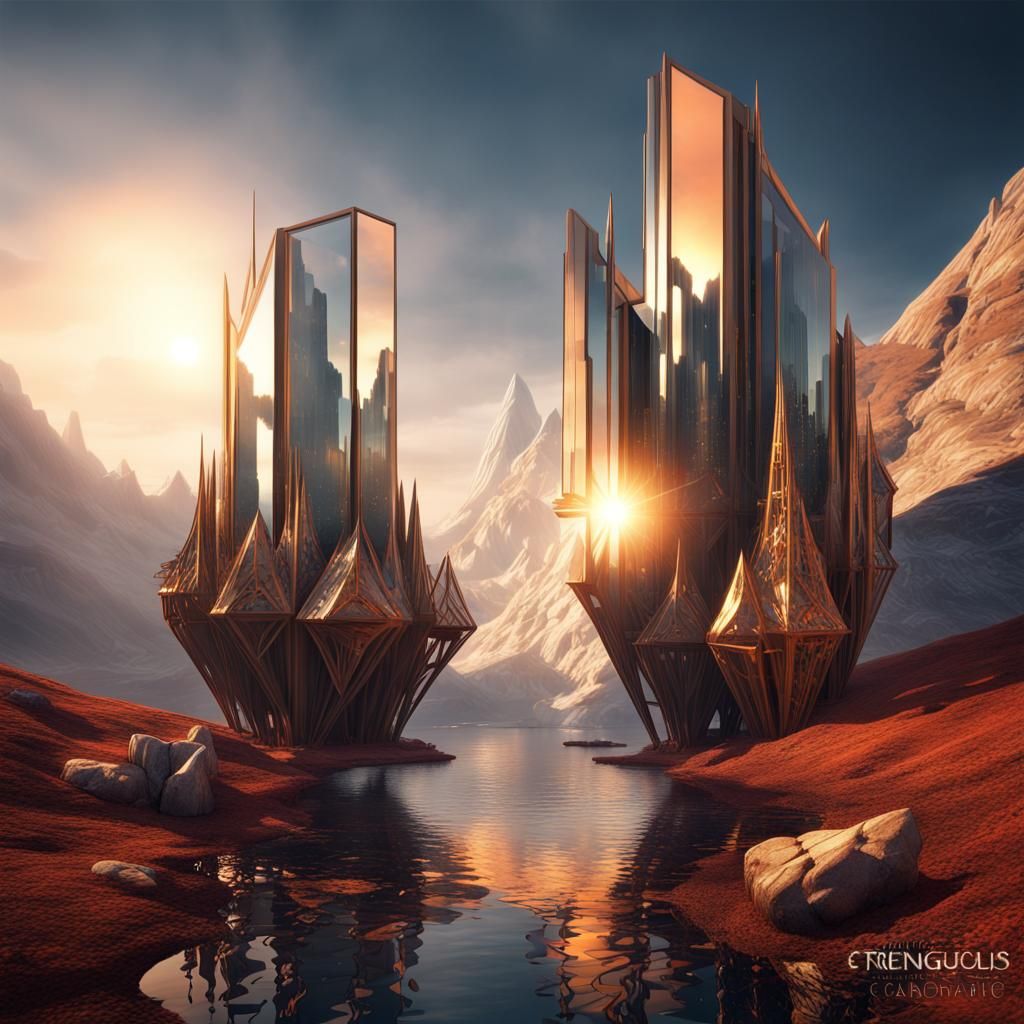 Geometric Metal and Glass Landscape in Detailed Digital Art