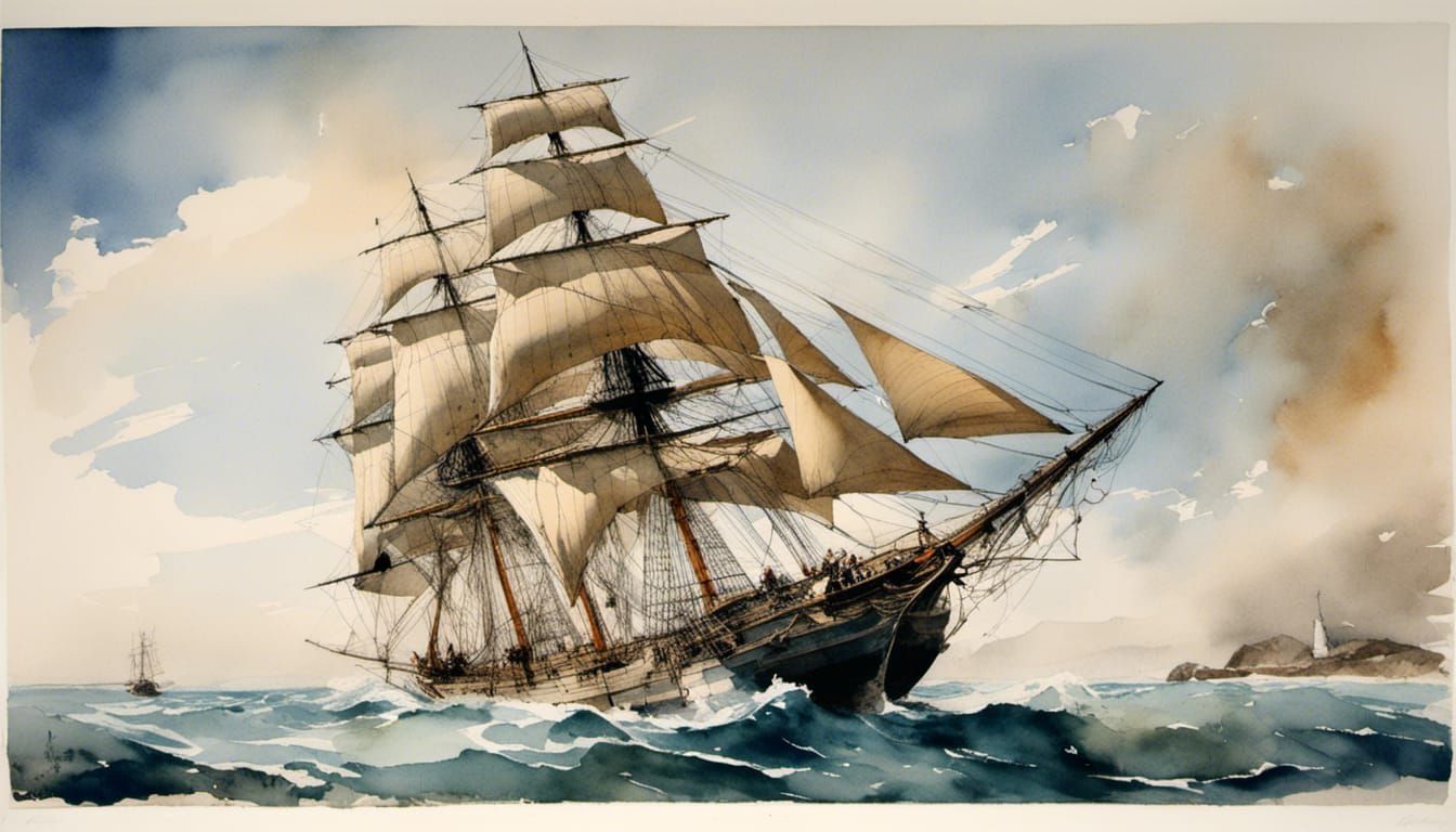 Watercolor Sailing Ship at Sea