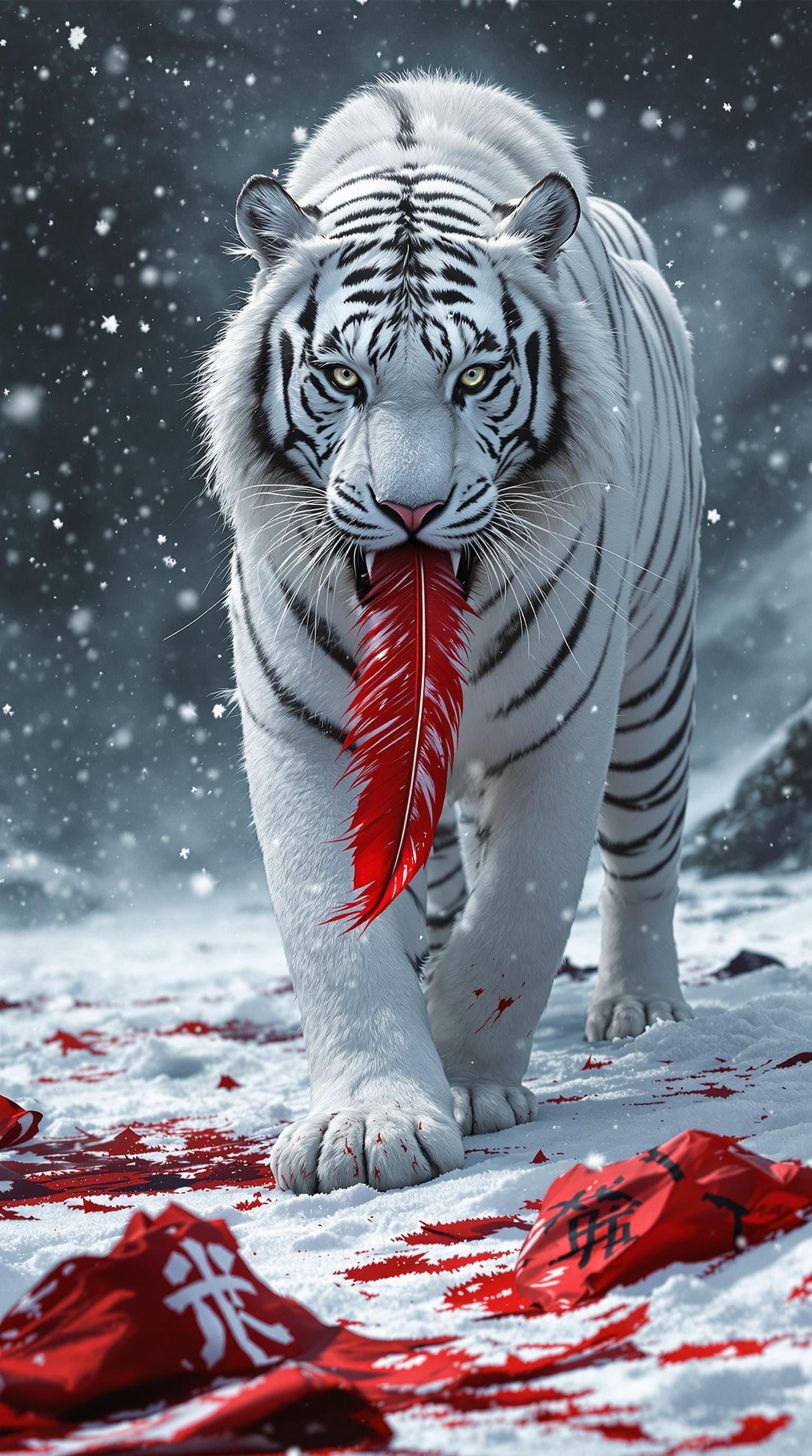 Majestic White Tiger in Snowy Winter Landscape, Striking Con...