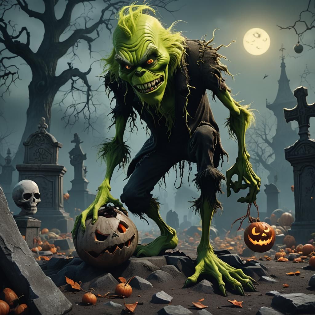 Grinch Crushes Jack Skellington in Graveyard: Dark Whimsy
