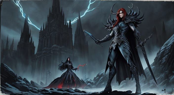 Dark Fantasy Goddesses Defy Demons in Snowy Nighttime Landsc...