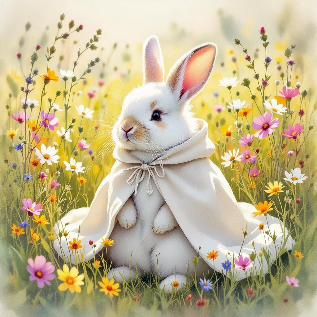 Whimsical Rabbit in Wildflower Meadow, Watercolor Art