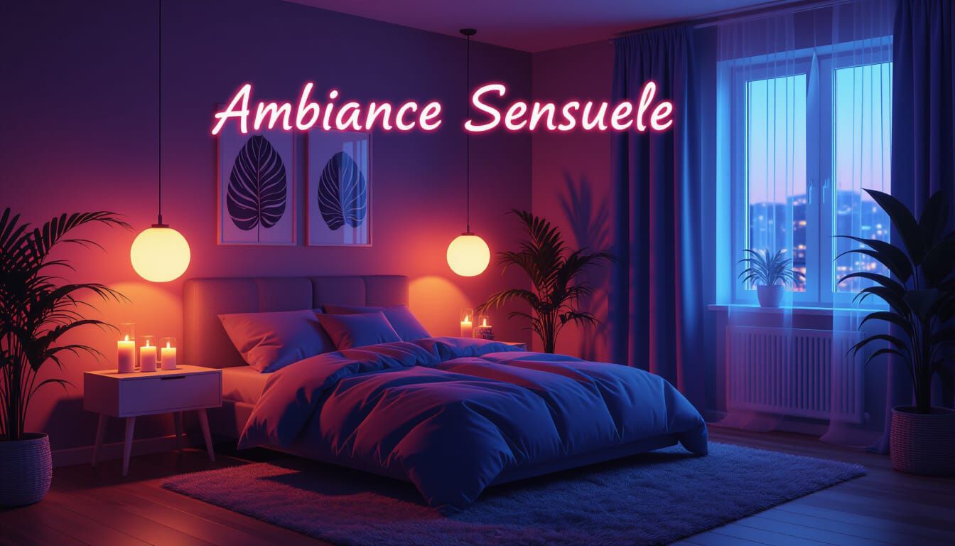 Sensual Bedroom Ambiance with Red, Pink, and Blue Hues