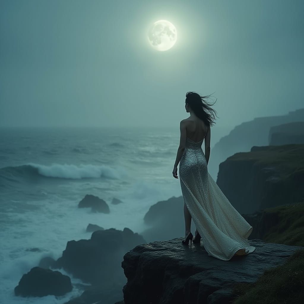 Dramatic Cliffside Figure in Silver Gown