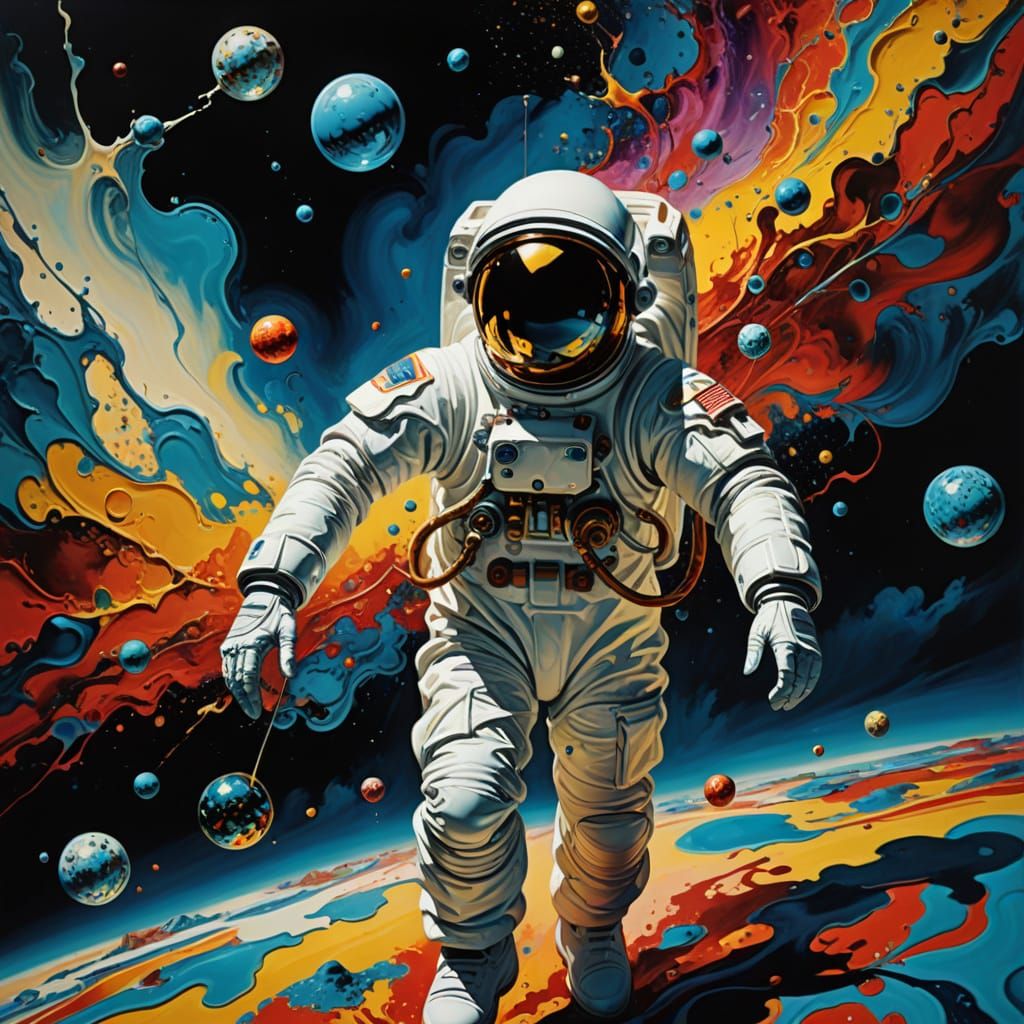 Astronaut Paints a Satellite in Surreal Space